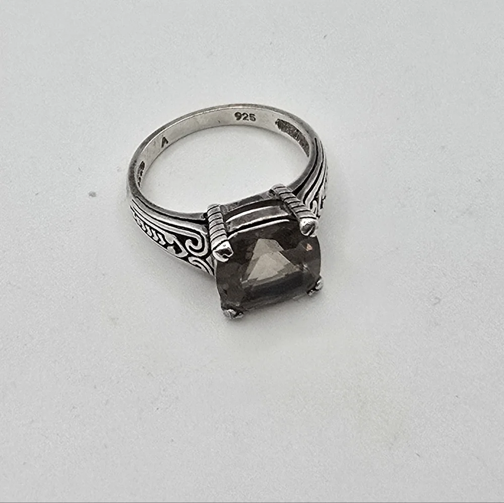 Vintage Smokey Topaz 10 mm square 925 Sterling Silver Solitaire Band Ring size 7